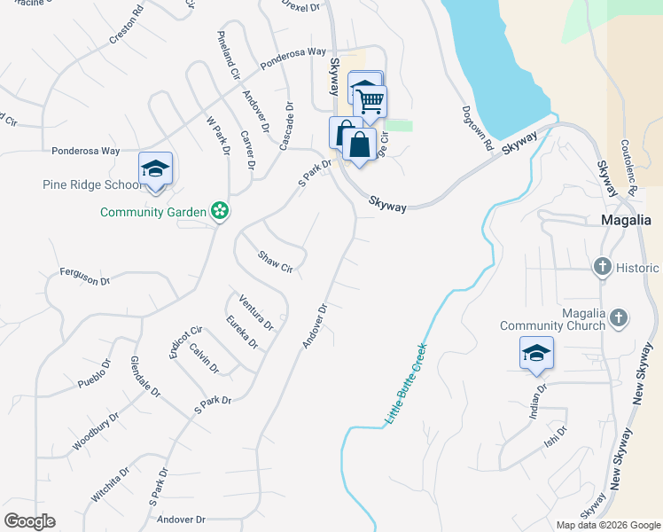 map of restaurants, bars, coffee shops, grocery stores, and more near 13807 Andover Drive in Magalia