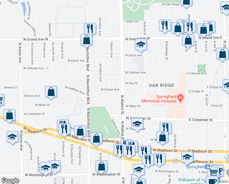 map of restaurants, bars, coffee shops, grocery stores, and more near 748 Osburn Avenue in Springfield