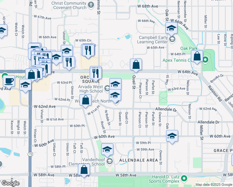 map of restaurants, bars, coffee shops, grocery stores, and more near 11325 Allendale Drive in Arvada