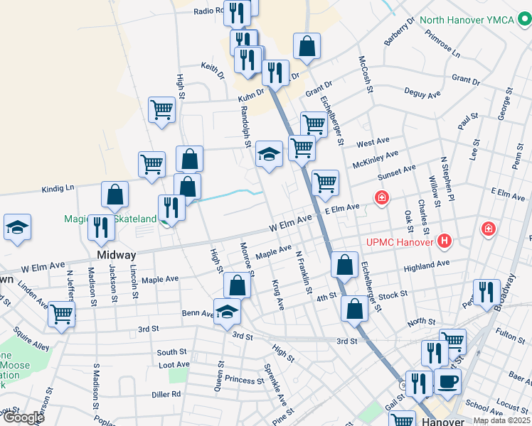map of restaurants, bars, coffee shops, grocery stores, and more near 714 Randolph Street in Hanover