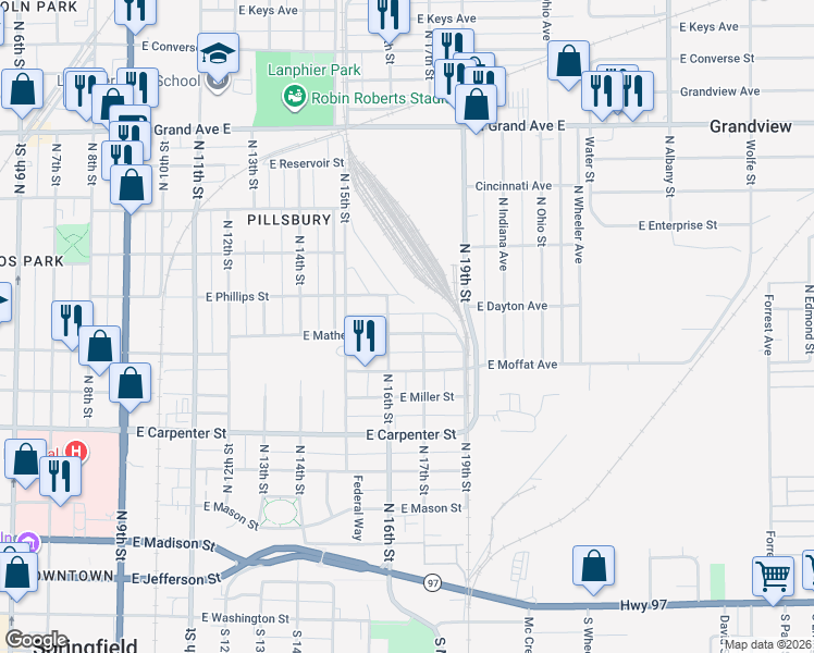 map of restaurants, bars, coffee shops, grocery stores, and more near 1604 East Matheny Avenue in Springfield