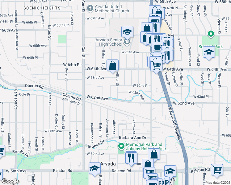 map of restaurants, bars, coffee shops, grocery stores, and more near 6210 Ammons Drive in Arvada