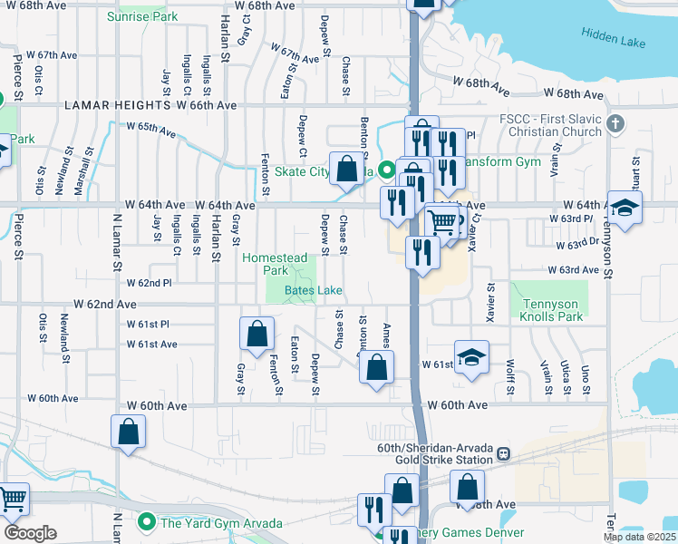 map of restaurants, bars, coffee shops, grocery stores, and more near 6231 Chase Street in Arvada