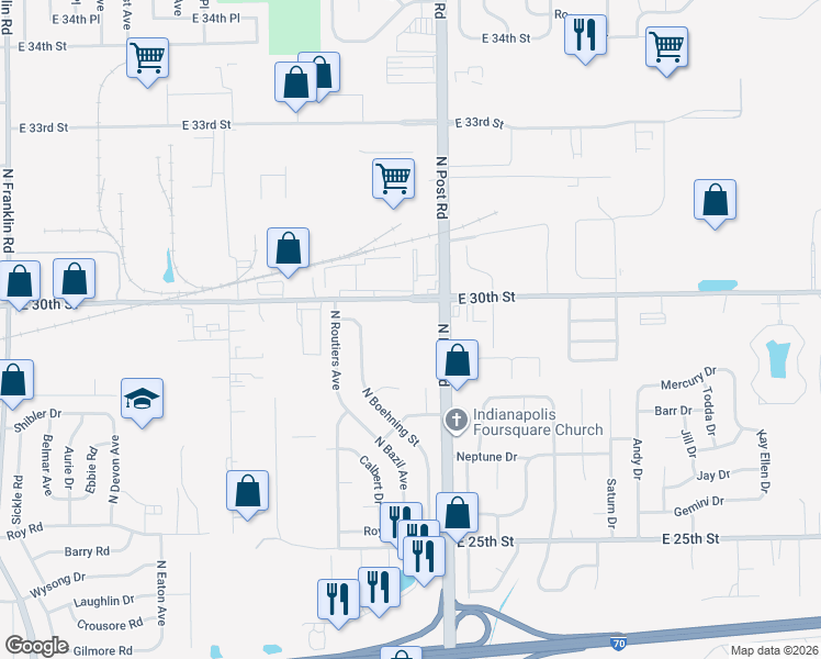 map of restaurants, bars, coffee shops, grocery stores, and more near 8931 East 30th Street in Indianapolis