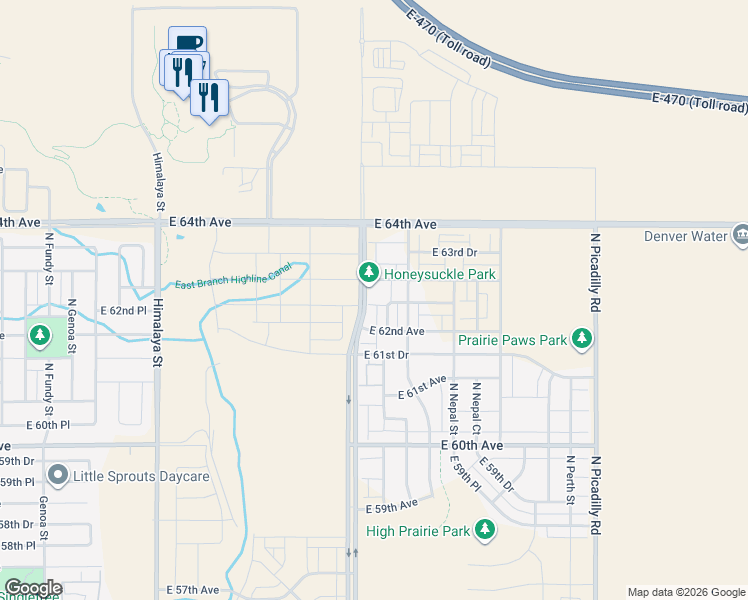 map of restaurants, bars, coffee shops, grocery stores, and more near East 64th Avenue in Aurora