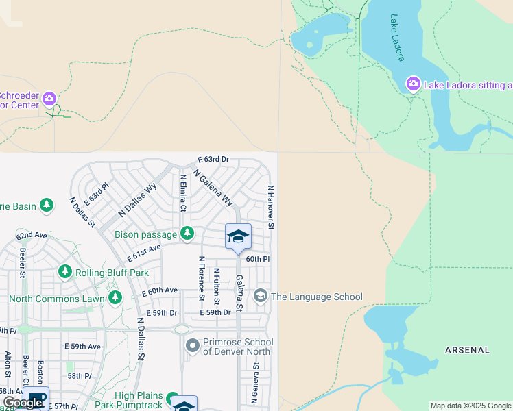 map of restaurants, bars, coffee shops, grocery stores, and more near 10002 East 64th Avenue in Denver