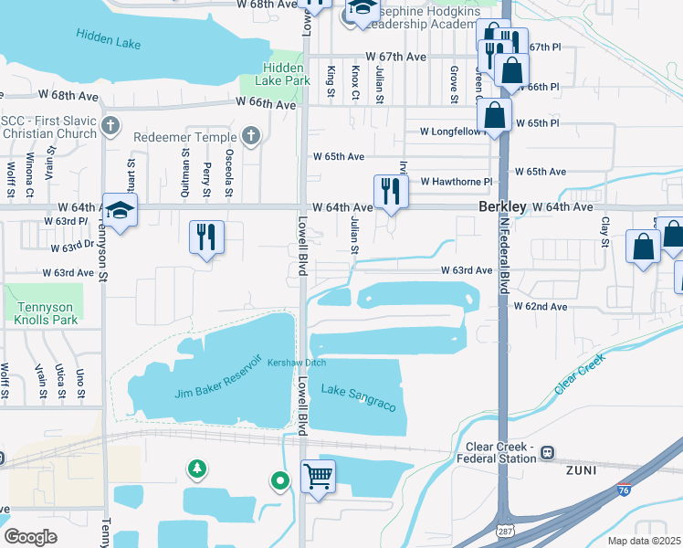 map of restaurants, bars, coffee shops, grocery stores, and more near 3390 West 63rd Avenue in Denver