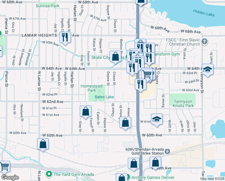 map of restaurants, bars, coffee shops, grocery stores, and more near 6231 Chase Street in Arvada