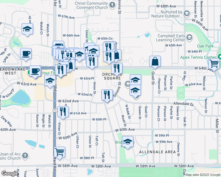 map of restaurants, bars, coffee shops, grocery stores, and more near 11929 West 62nd Place in Arvada