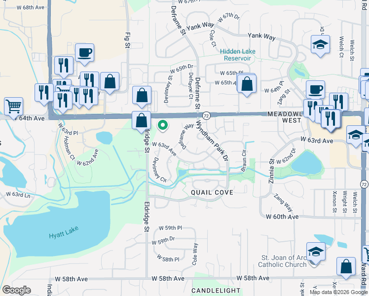 map of restaurants, bars, coffee shops, grocery stores, and more near 6331 Deframe Way in Arvada