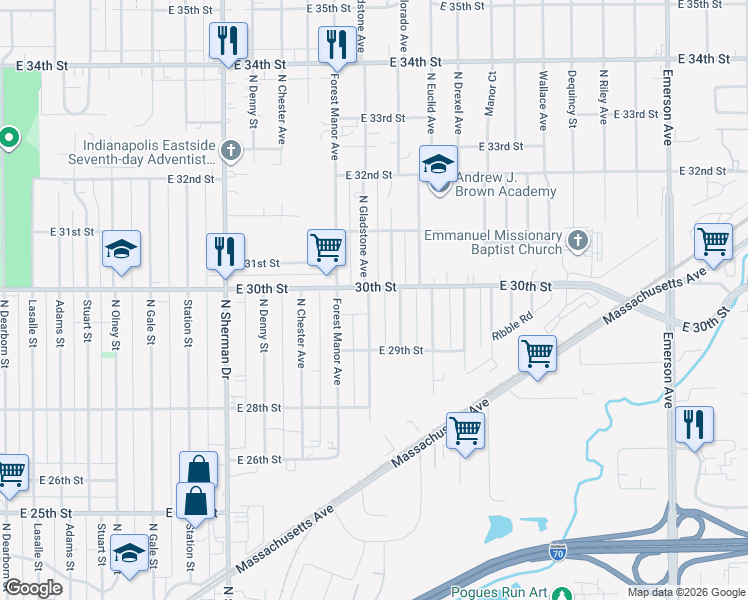 map of restaurants, bars, coffee shops, grocery stores, and more near 2952 North Colorado Avenue in Indianapolis