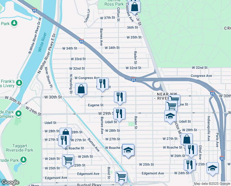map of restaurants, bars, coffee shops, grocery stores, and more near 1115 West 30th Street in Indianapolis