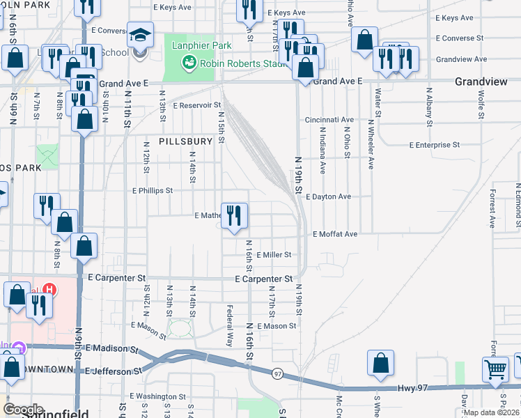 map of restaurants, bars, coffee shops, grocery stores, and more near 1604 East Matheny Avenue in Springfield