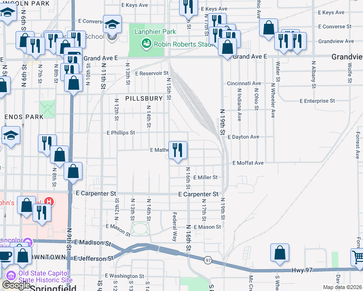 map of restaurants, bars, coffee shops, grocery stores, and more near 1512 East Matheny Avenue in Springfield