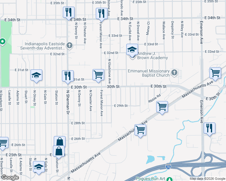 map of restaurants, bars, coffee shops, grocery stores, and more near 2952 North Colorado Avenue in Indianapolis