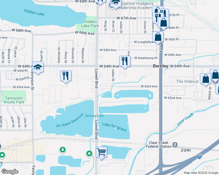 map of restaurants, bars, coffee shops, grocery stores, and more near 3390 West 63rd Avenue in Denver