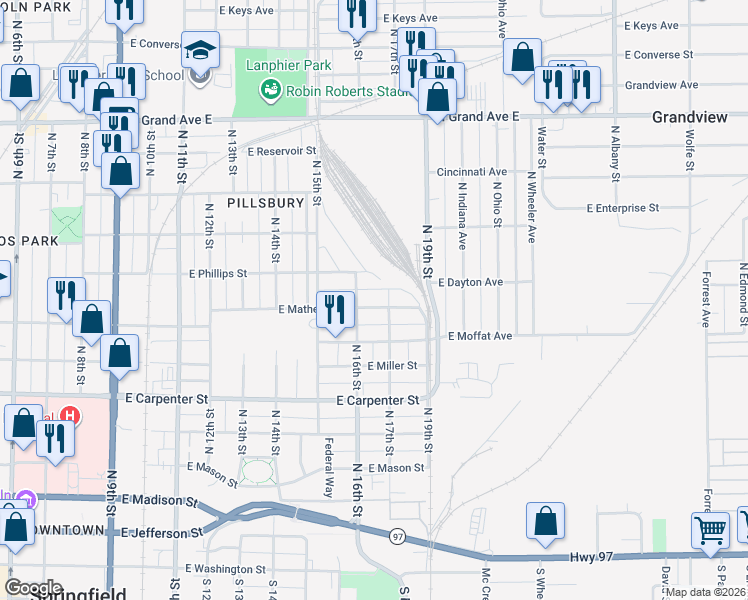 map of restaurants, bars, coffee shops, grocery stores, and more near 1604 East Matheny Avenue in Springfield