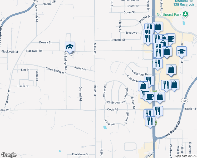 map of restaurants, bars, coffee shops, grocery stores, and more near 4801 Miller Road in Saint Joseph