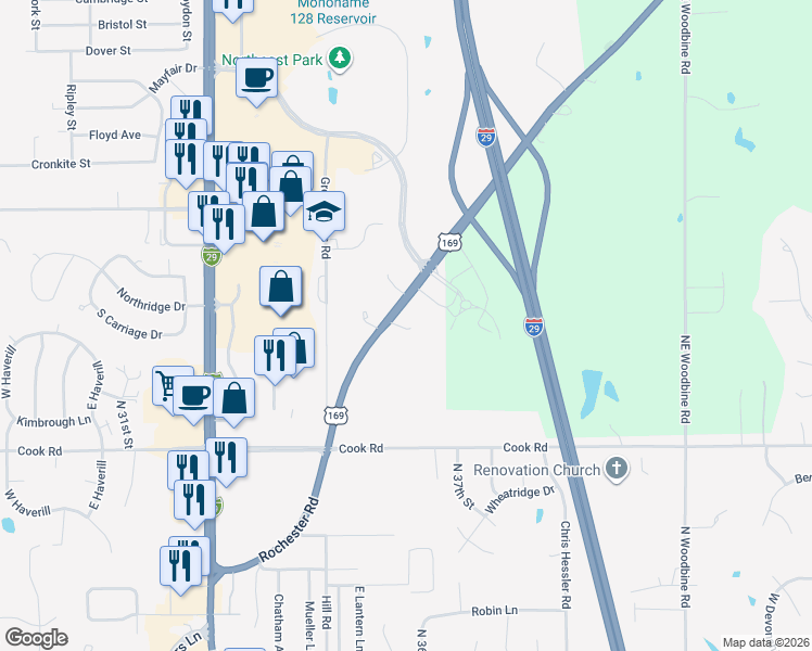 map of restaurants, bars, coffee shops, grocery stores, and more near 4515 Rochester Road in Saint Joseph