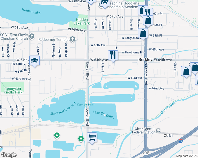 map of restaurants, bars, coffee shops, grocery stores, and more near 3390 West 63rd Avenue in Denver