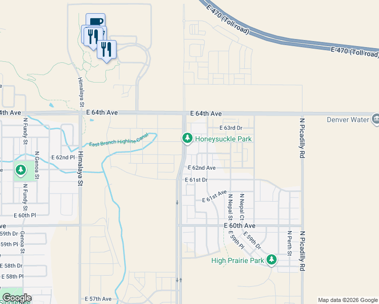 map of restaurants, bars, coffee shops, grocery stores, and more near East 64th Avenue in Aurora