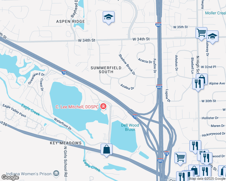 map of restaurants, bars, coffee shops, grocery stores, and more near 3105 Skeeter Court in Indianapolis
