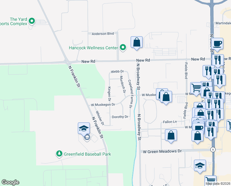 map of restaurants, bars, coffee shops, grocery stores, and more near 942 Sheets Court in Greenfield