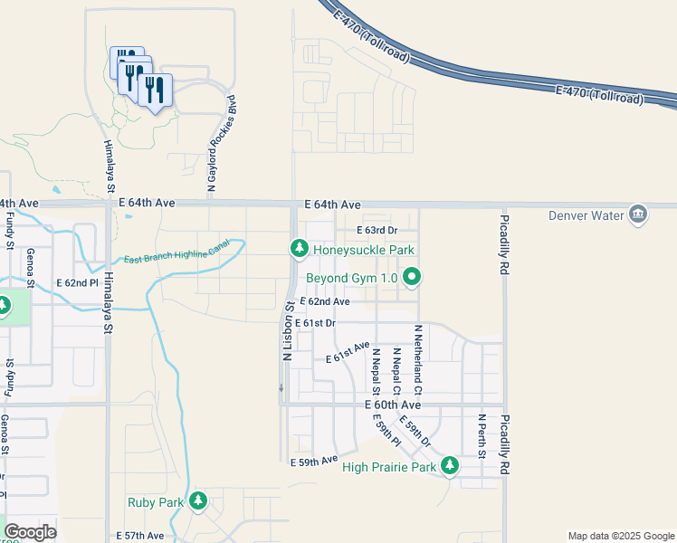map of restaurants, bars, coffee shops, grocery stores, and more near Liverpool Street in Aurora