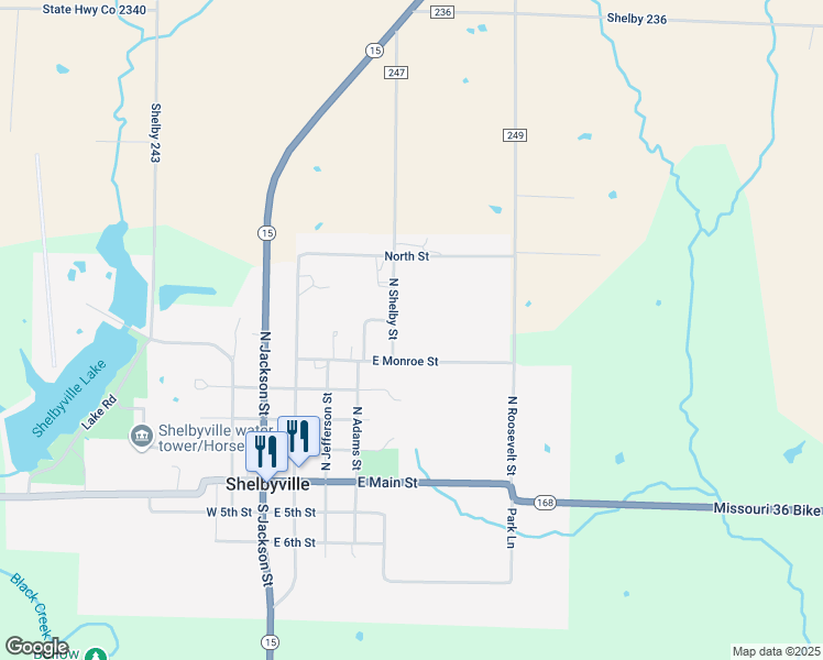 map of restaurants, bars, coffee shops, grocery stores, and more near 500-898 East Monroe Street in Shelbyville