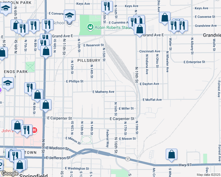 map of restaurants, bars, coffee shops, grocery stores, and more near 1519 East Matheny Avenue in Springfield