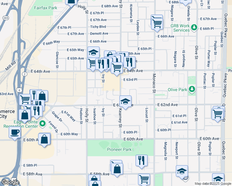 map of restaurants, bars, coffee shops, grocery stores, and more near 6248 Kearney Street in Commerce City