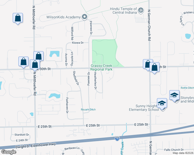map of restaurants, bars, coffee shops, grocery stores, and more near 2824 Grassy Creek Drive in Indianapolis