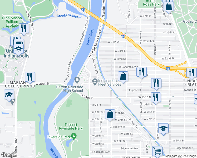 map of restaurants, bars, coffee shops, grocery stores, and more near 1706 West 30th Street in Indianapolis