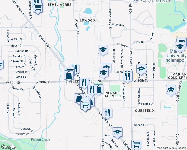 map of restaurants, bars, coffee shops, grocery stores, and more near 3422 West 30th Street in Indianapolis