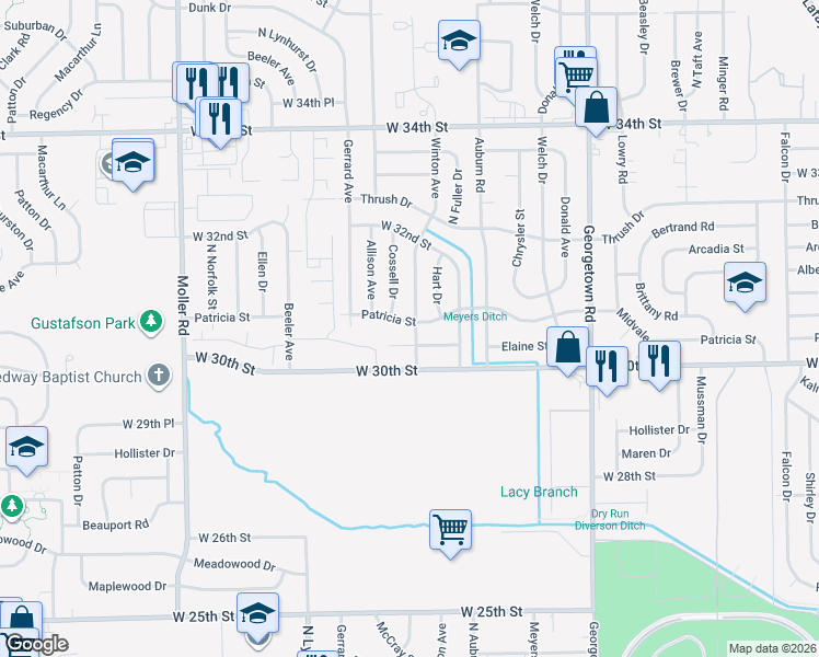map of restaurants, bars, coffee shops, grocery stores, and more near 5101 Elaine Street in Indianapolis