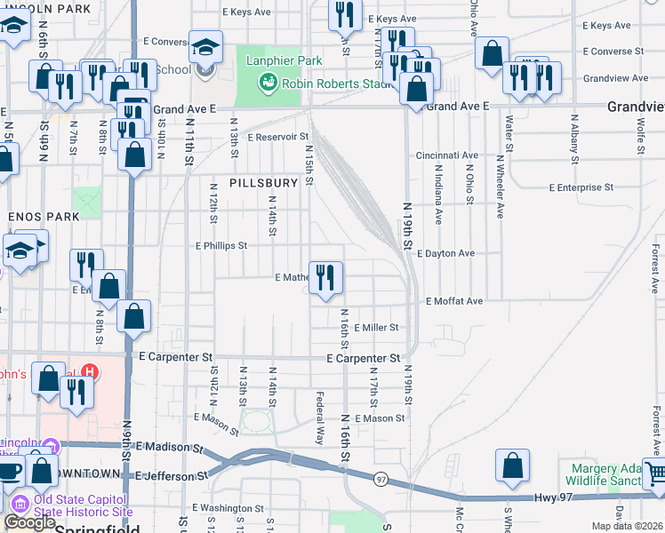 map of restaurants, bars, coffee shops, grocery stores, and more near 1512 East Matheny Avenue in Springfield