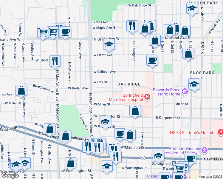 map of restaurants, bars, coffee shops, grocery stores, and more near 514 West Herndon Street in Springfield