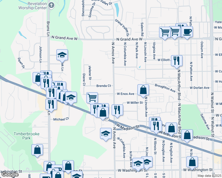 map of restaurants, bars, coffee shops, grocery stores, and more near 705 North Amos Avenue in Springfield
