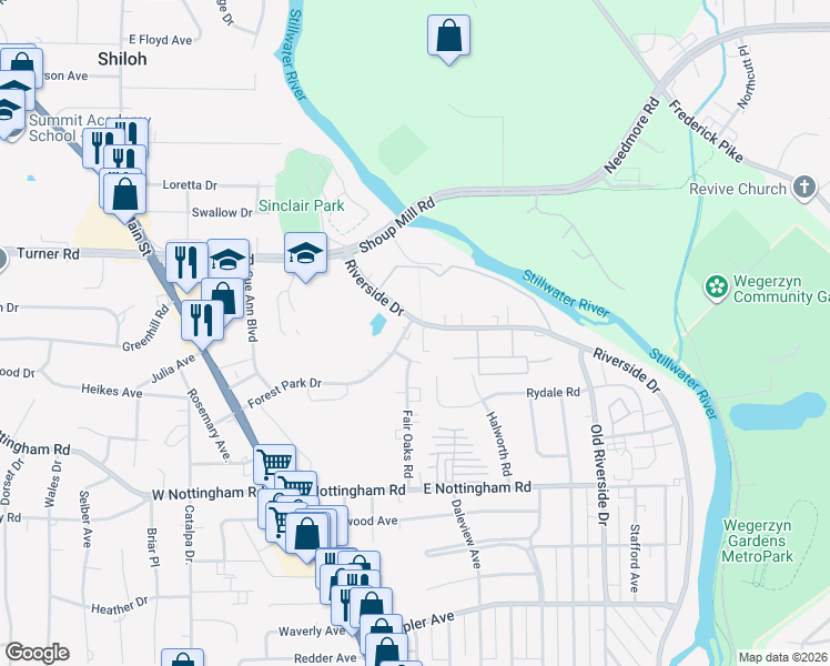 map of restaurants, bars, coffee shops, grocery stores, and more near 295 Pine Ridge Road in Dayton