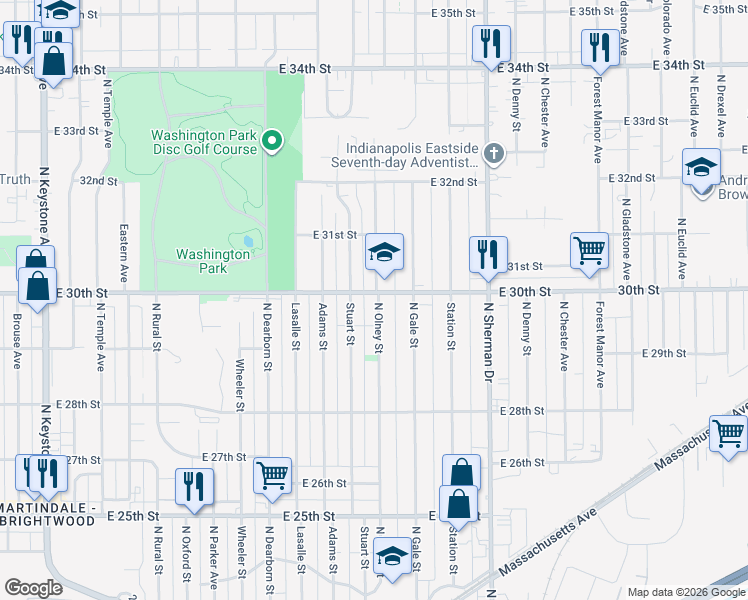 map of restaurants, bars, coffee shops, grocery stores, and more near 2946 North Olney Street in Indianapolis