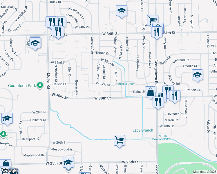 map of restaurants, bars, coffee shops, grocery stores, and more near 5101 Elaine Street in Indianapolis