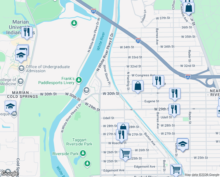 map of restaurants, bars, coffee shops, grocery stores, and more near 1706 West 30th Street in Indianapolis