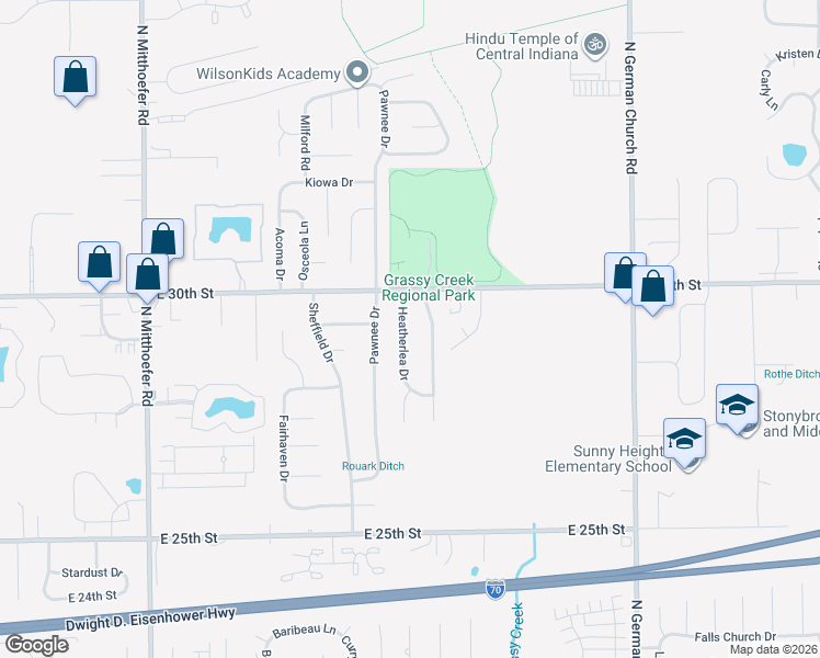 map of restaurants, bars, coffee shops, grocery stores, and more near 2824 Grassy Creek Drive in Indianapolis