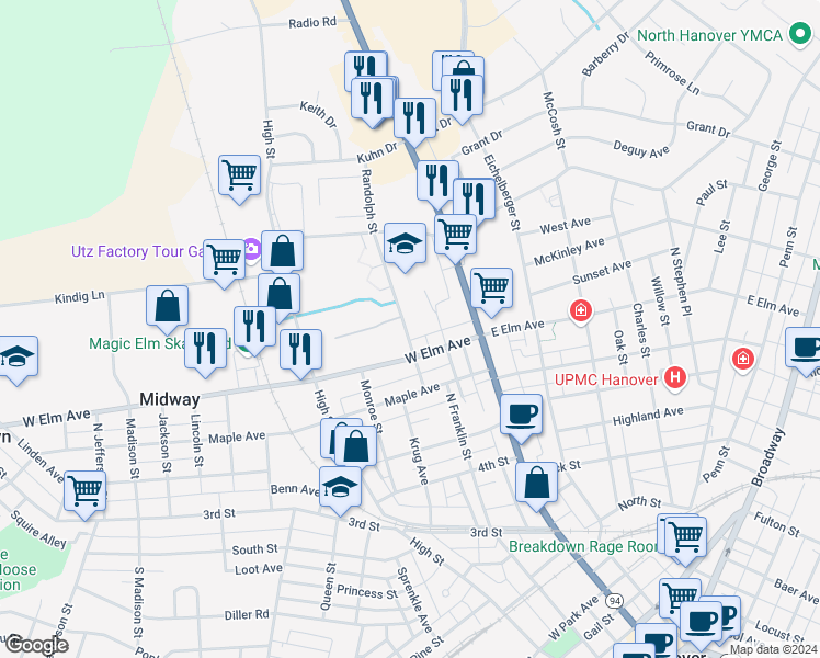 map of restaurants, bars, coffee shops, grocery stores, and more near 711 Randolph Street in Hanover