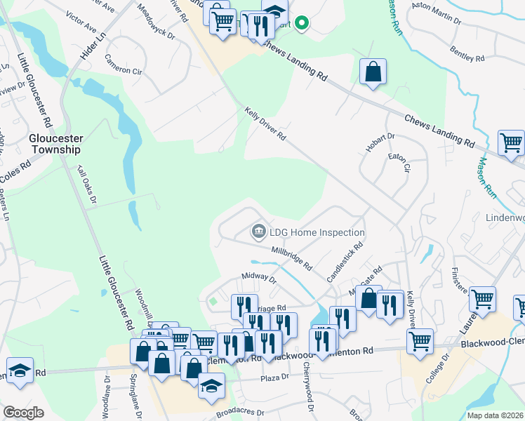 map of restaurants, bars, coffee shops, grocery stores, and more near 9 Mystic Road in Clementon