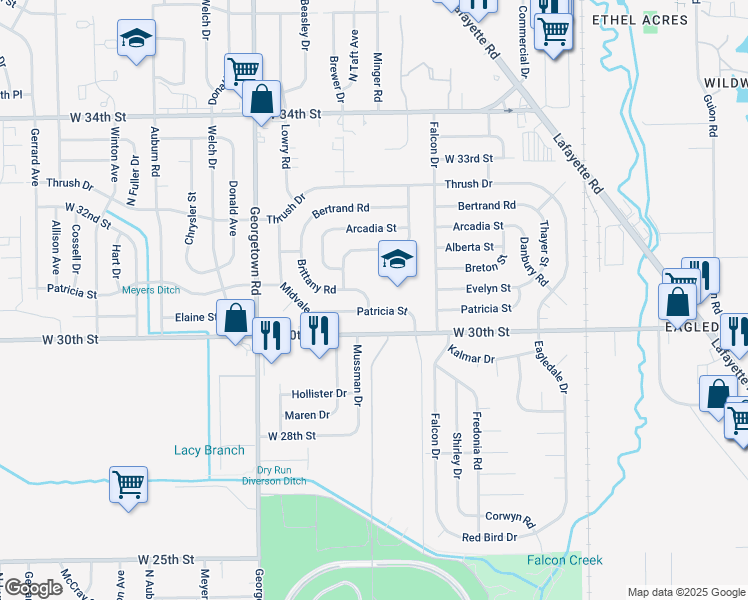 map of restaurants, bars, coffee shops, grocery stores, and more near 4408 Brittany Road in Indianapolis