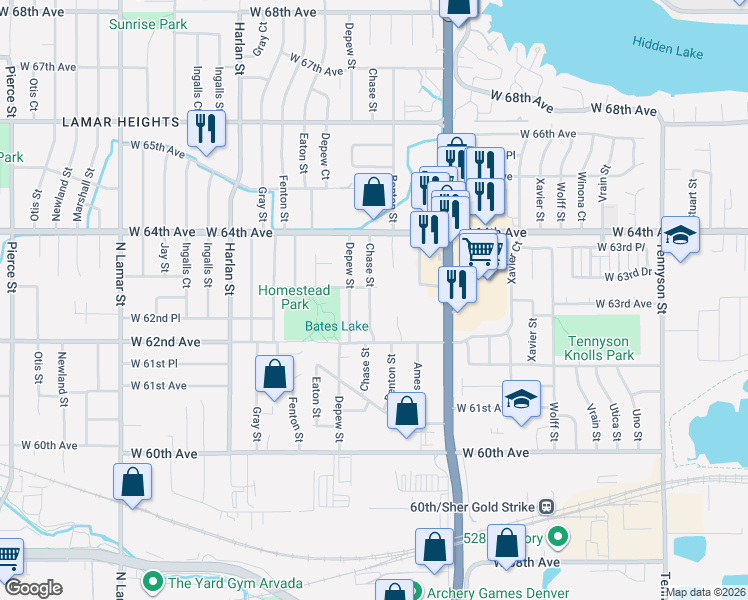 map of restaurants, bars, coffee shops, grocery stores, and more near 6231 Chase Street in Arvada
