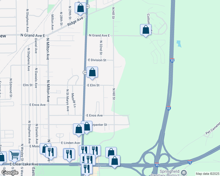 map of restaurants, bars, coffee shops, grocery stores, and more near 3254 East Elm Street in Springfield