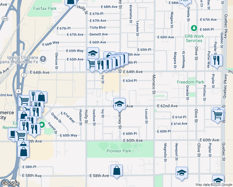 map of restaurants, bars, coffee shops, grocery stores, and more near 6275 Kearney Street in Commerce City