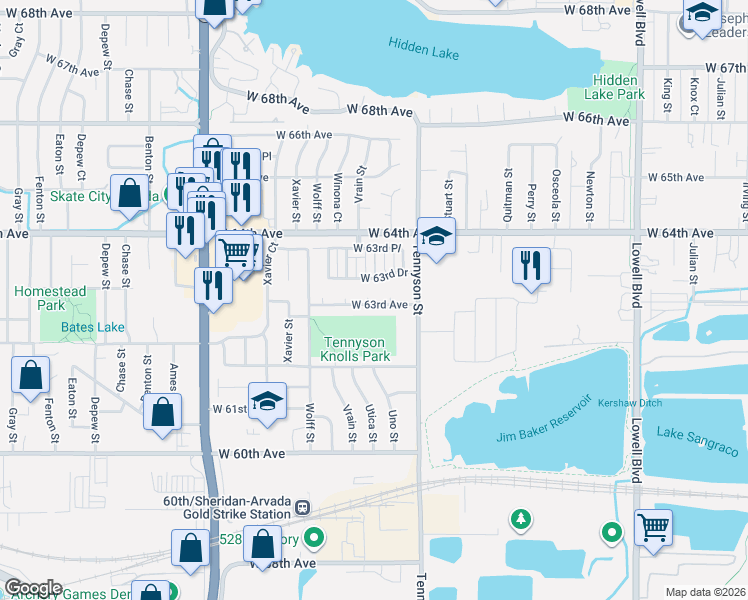 map of restaurants, bars, coffee shops, grocery stores, and more near 4610 West 63rd Avenue in Arvada